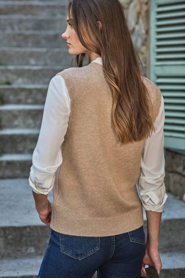 Pure Collection Pure Collection Women's Wool Cashmere Scalloped Tank in Camel - 3