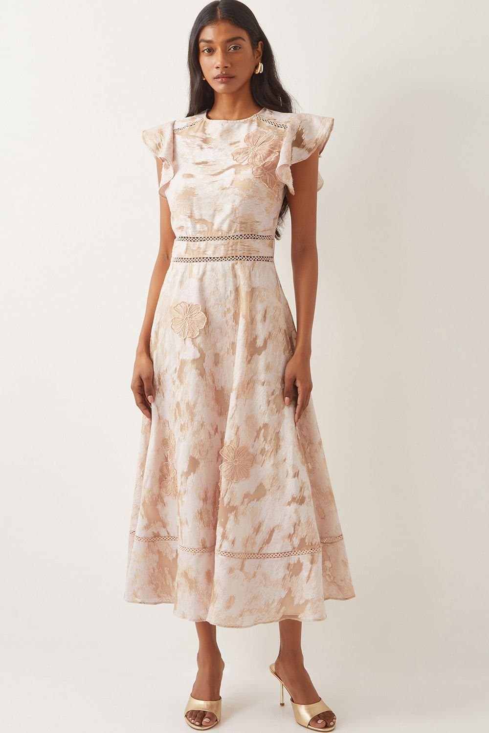 Monsoon Monsoon Women's Josie Flutter Sleeve Floral Jacquard Midi Dress Blue in Pink