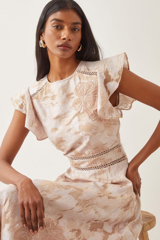 Monsoon Monsoon Women's Josie Flutter Sleeve Floral Jacquard Midi Dress Blue in Pink - 2