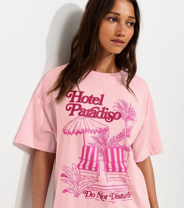 New Look Women's Light Pink Cotton Hotel Paradiso Oversized T-Shirt New Look - 2