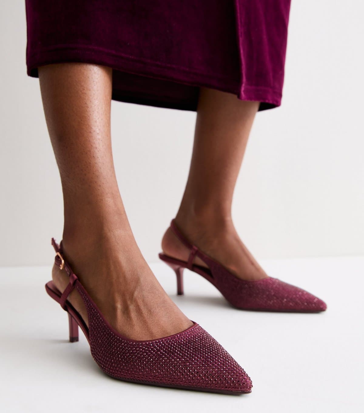 New Look Women's Burgundy Embellished Slingback Kitten Heels Vegan New Look