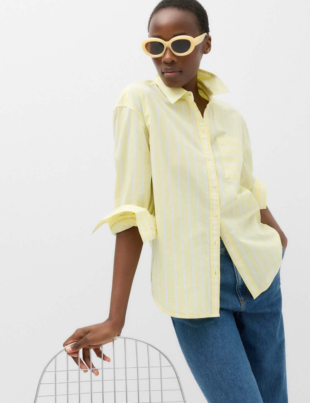 Marks & Spencer M&S Pure Cotton Striped Shirt Yellow Mix