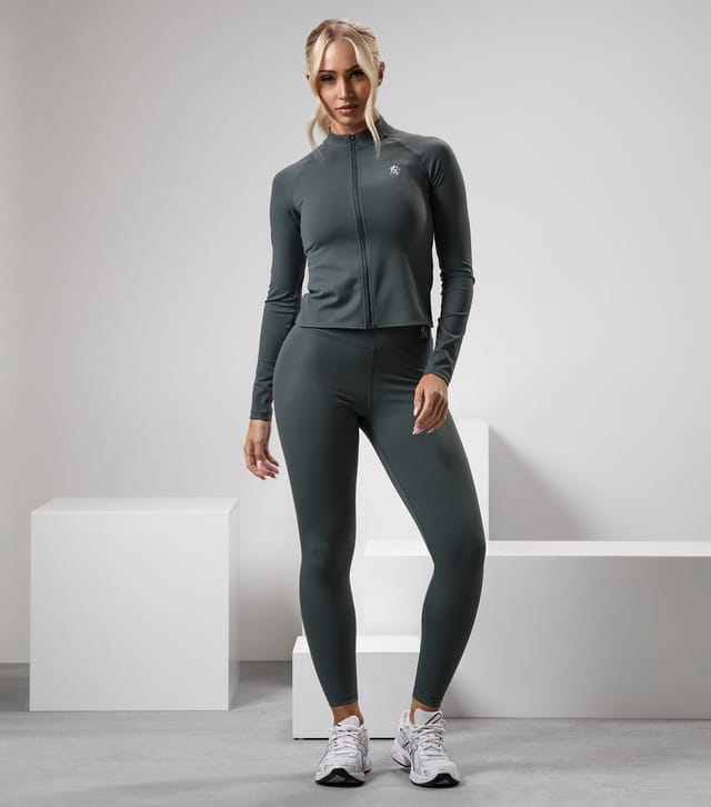 Gym King Women's 365 Khaki Green Full Zip Funnel Neck Top Gym King New Look - 2