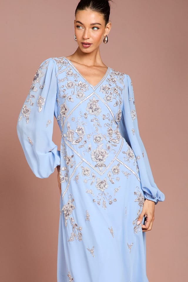 Coast Coast Women's Long Sleeve Embellished Georgette Midi Dress in Dusty Blue - 2