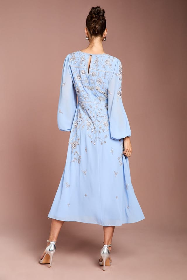 Coast Coast Women's Long Sleeve Embellished Georgette Midi Dress in Dusty Blue - 3