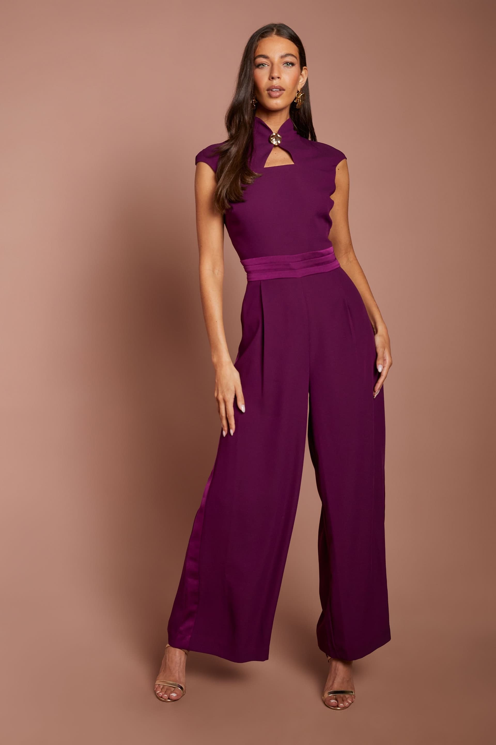 Coast Coast Women's High Neck Cap Sleeve Crepe Jumpsuit in Plum