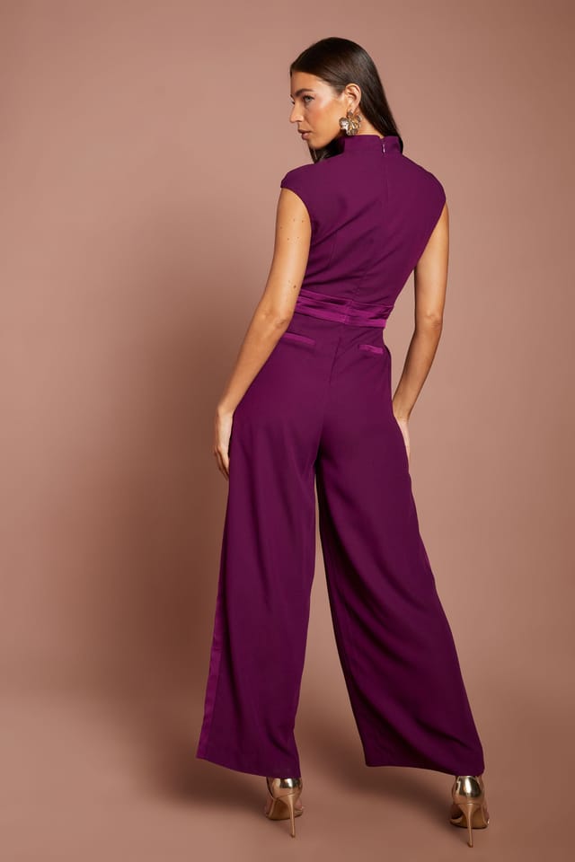 Coast Coast Women's High Neck Cap Sleeve Crepe Jumpsuit in Plum - 3
