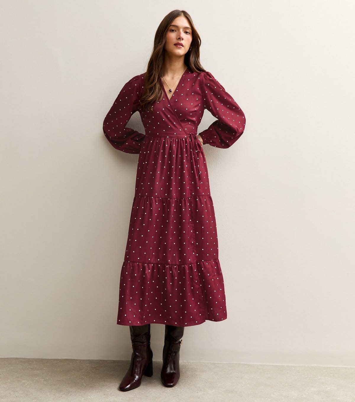 New Look Red Crepe Polka Dot Wrap Midi Dress