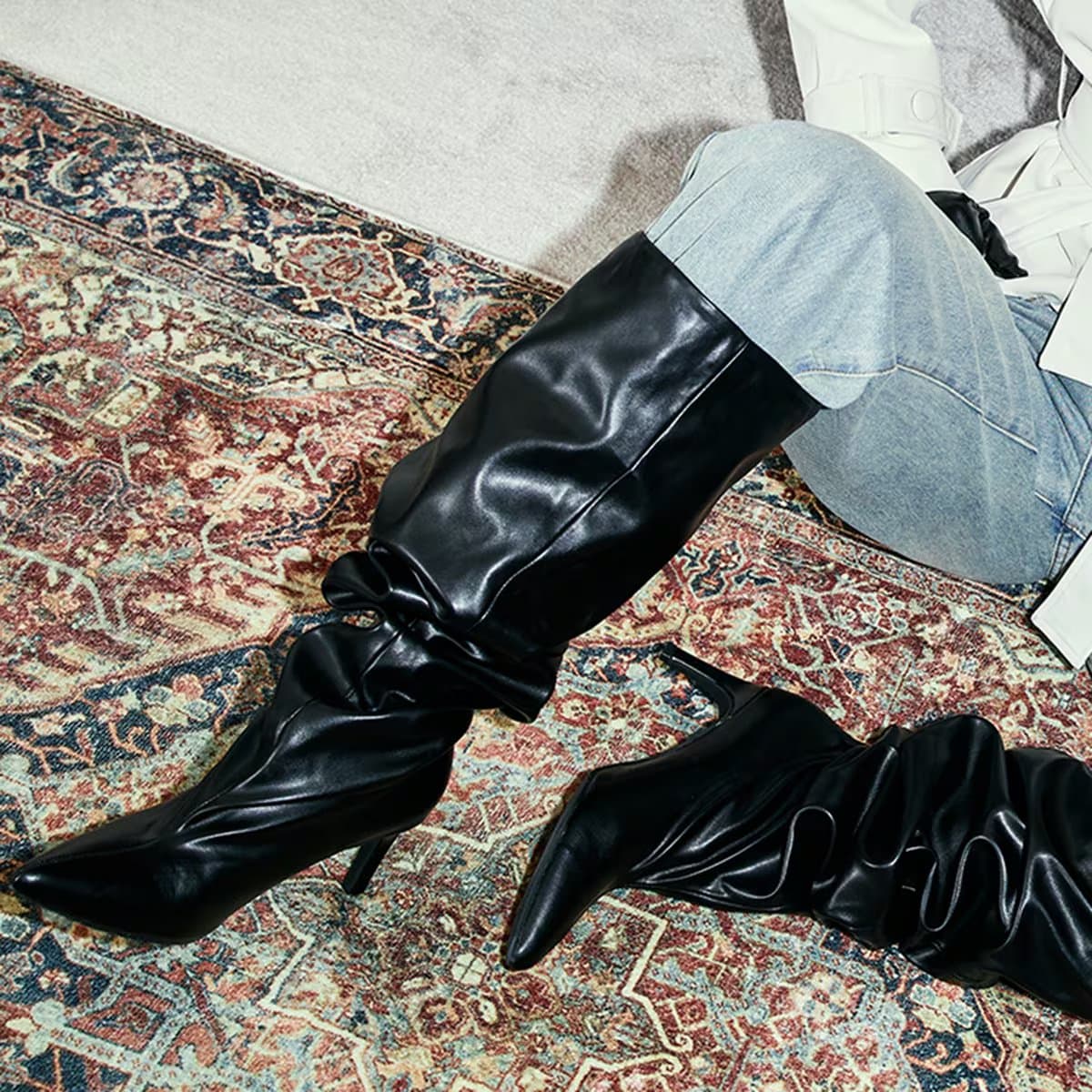 EGO Gabbi Pointed Toe Low Heel Thigh High Slouched Boots In Black Faux Leather, Women's Size UK 3
