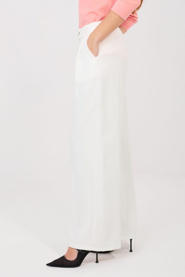 Love Lace Love Lace Women's High Waisted Elegant Wide Leg Trousers in White - 2