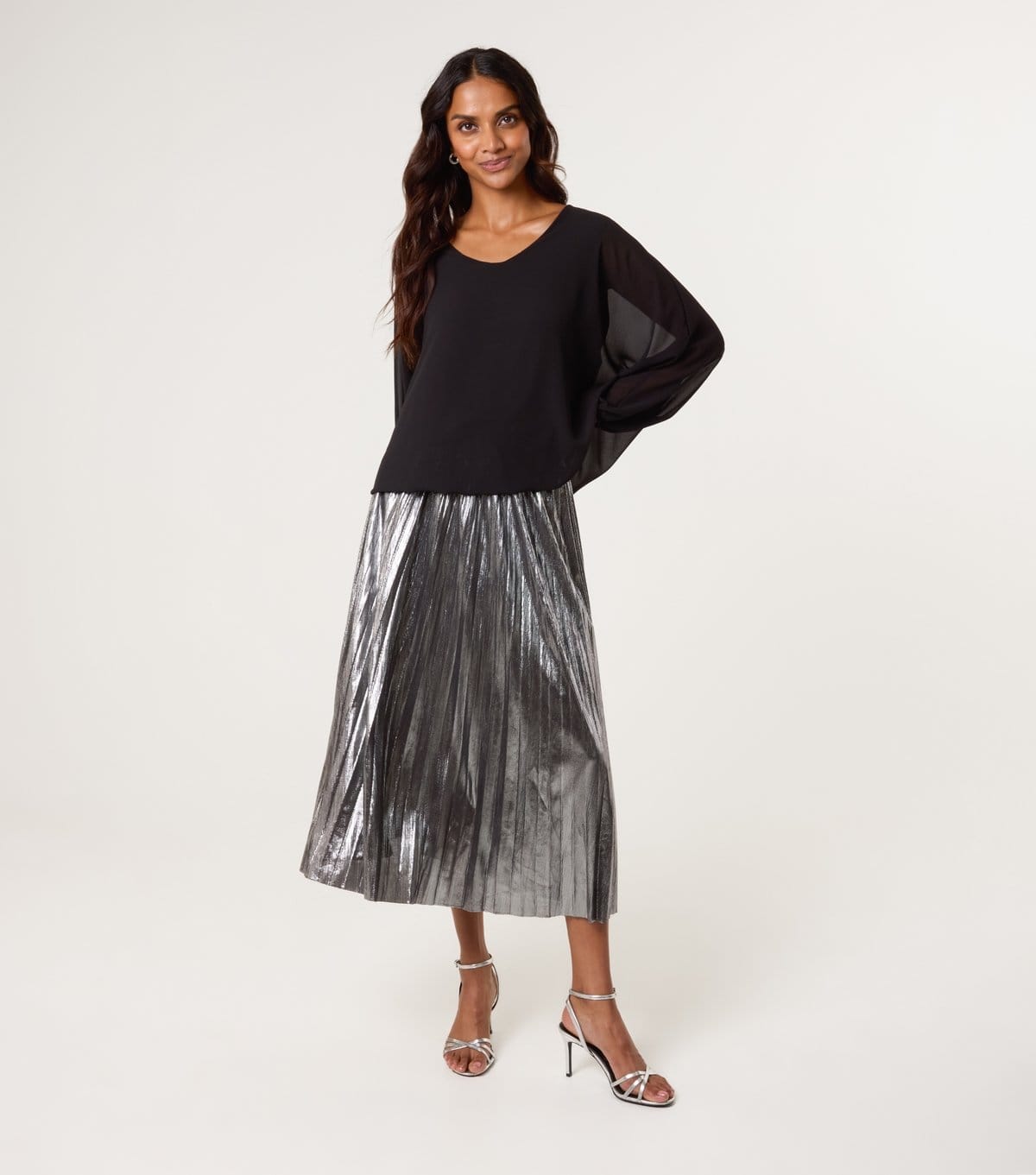 Blue Vanilla Silver Metallic Pleated Midi Skirt