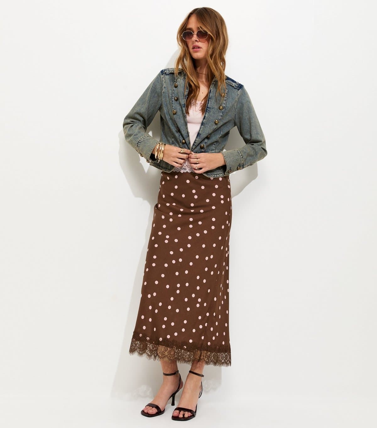 New Look Women's Brown Polka Dot Lace trim Midi Skirt New Look