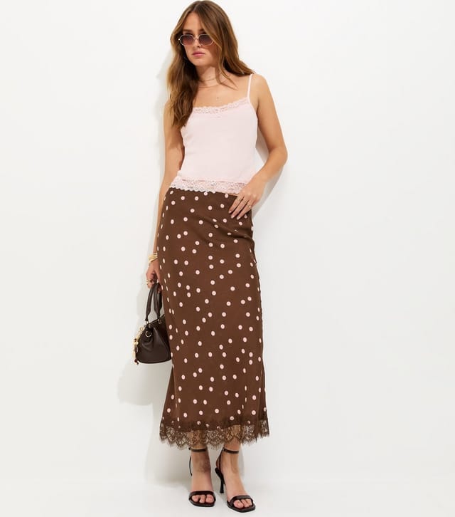 New Look Women's Brown Polka Dot Lace trim Midi Skirt New Look - 3