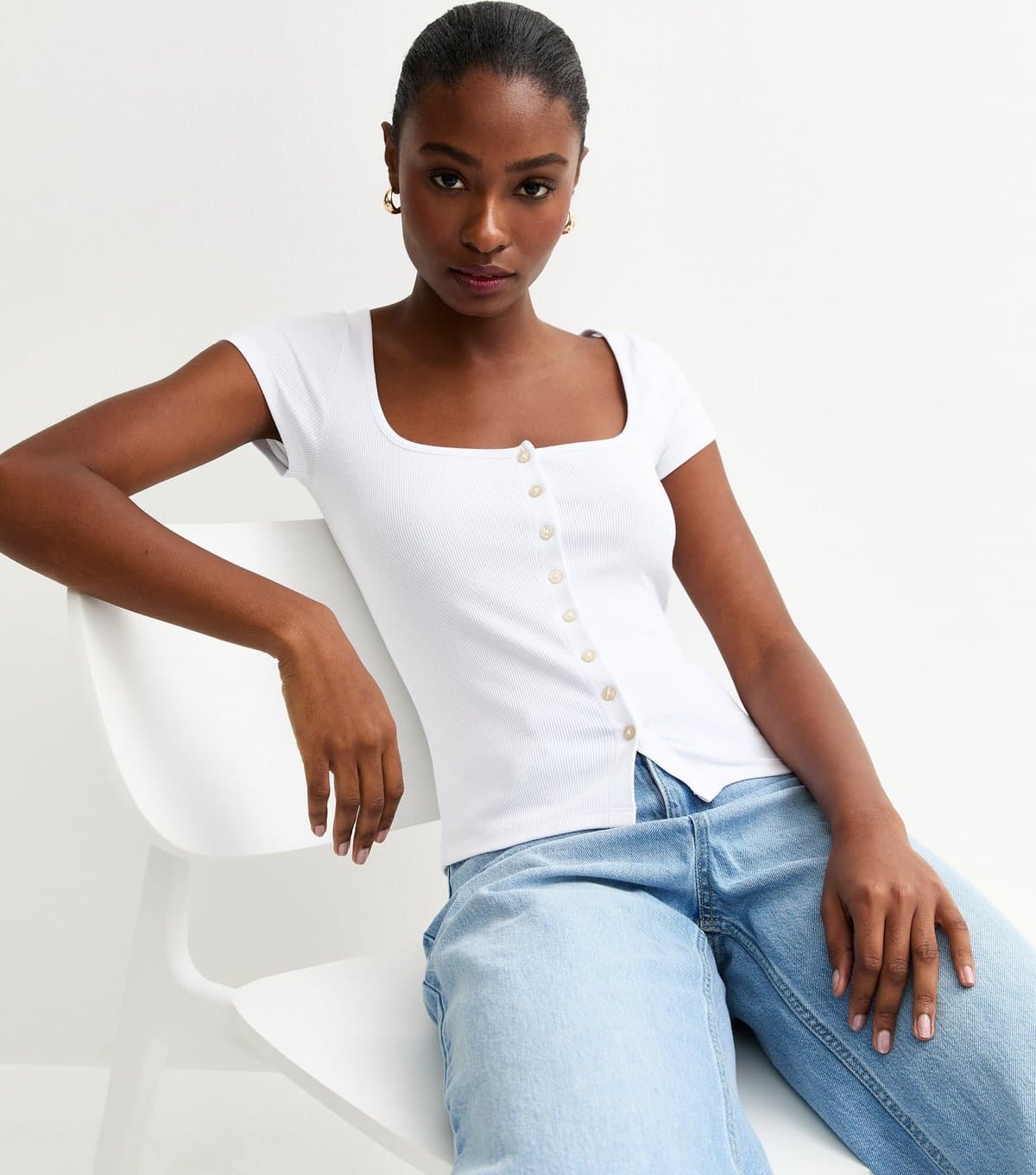 New Look Women's White Square Neck Button Through T-Shirt New Look