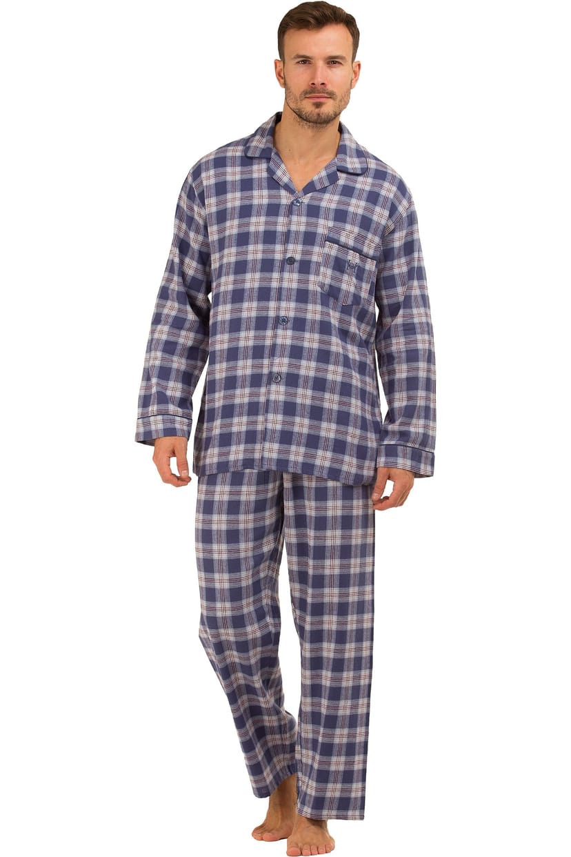 Haigman Haigman Men's Men's Yarn Dyed Brushed Cotton Button Through Pyjama Set in Mid Blue - 1