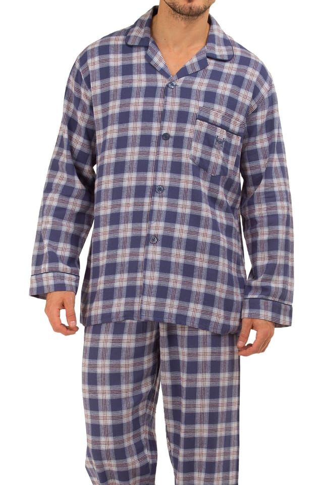 Haigman Haigman Men's Men's Yarn Dyed Brushed Cotton Button Through Pyjama Set in Mid Blue - 2