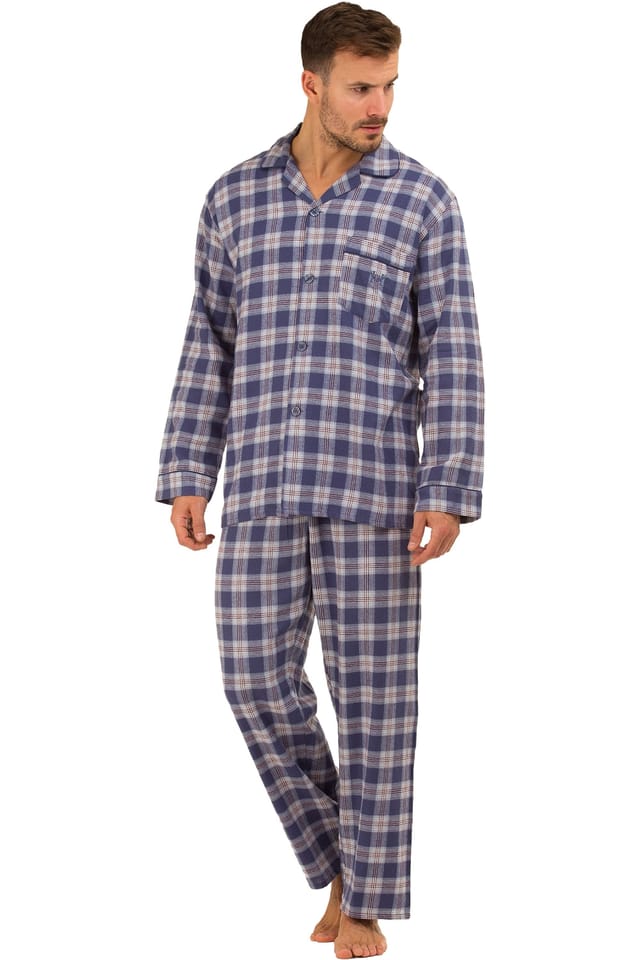 Haigman Haigman Men's Men's Yarn Dyed Brushed Cotton Button Through Pyjama Set in Mid Blue - 3