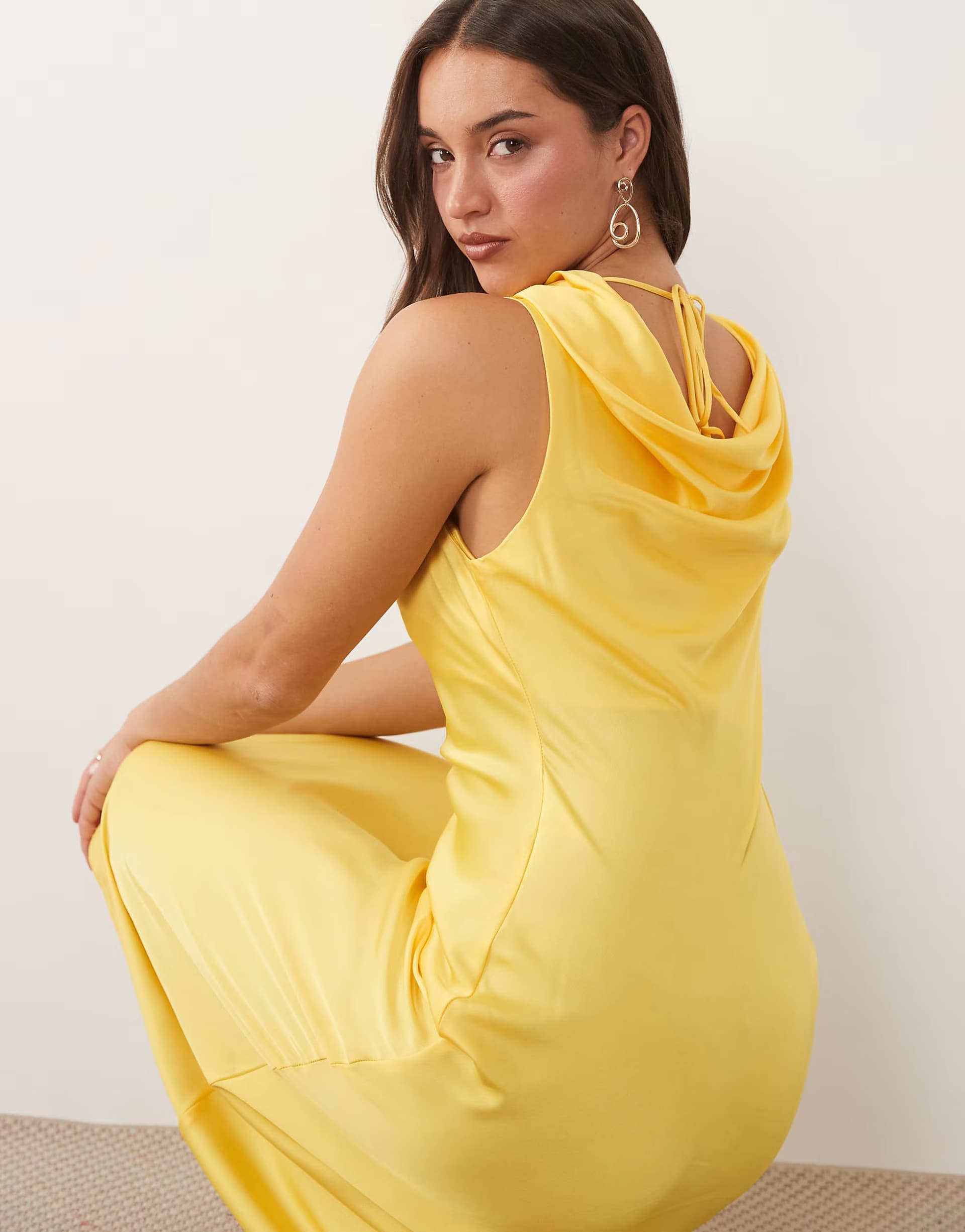 ASOS Vila waterfall cowl neck satin midi dress in pastel yellow