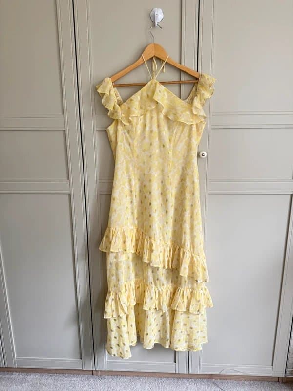 Never Fully Dressed Never Fully Dressed Yellow Metallic Spot Ruffle Midi Dress Wedding Racing