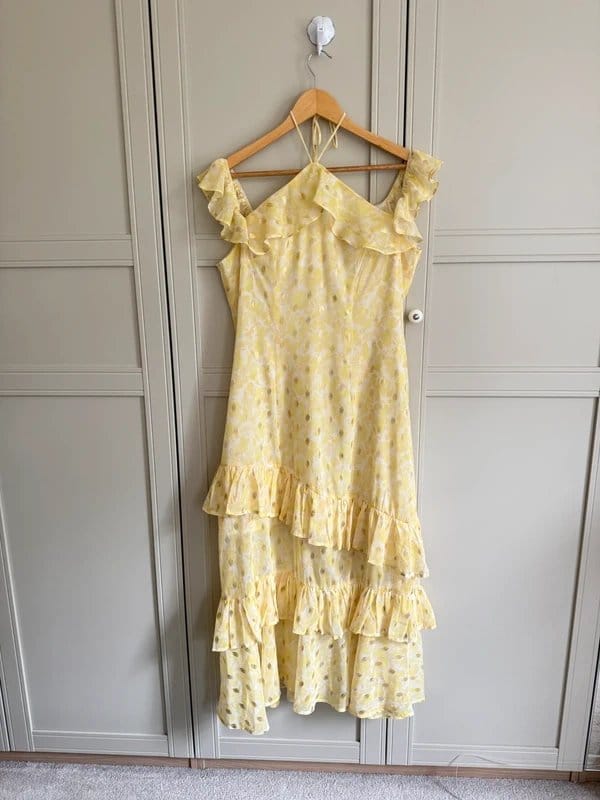 Never Fully Dressed Yellow Metallic Spot Ruffle Midi Dress