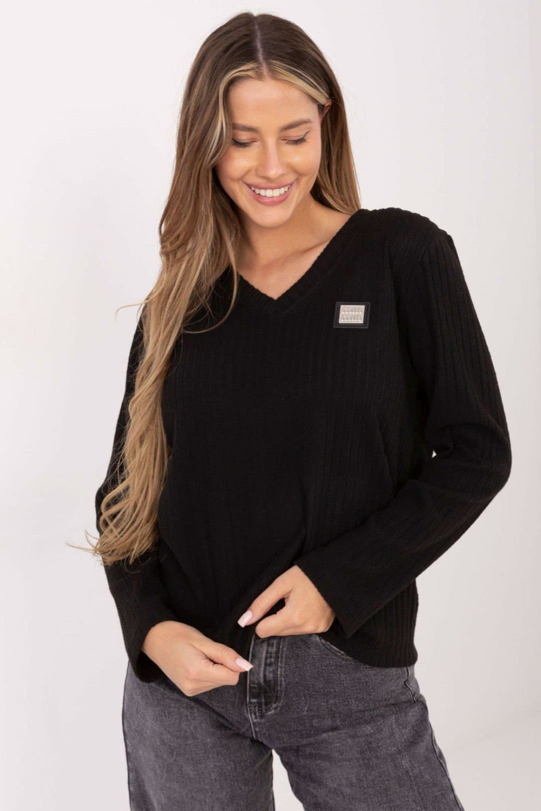 Love Lace Love Lace Black Cotton V Neck Ribbed Sweater