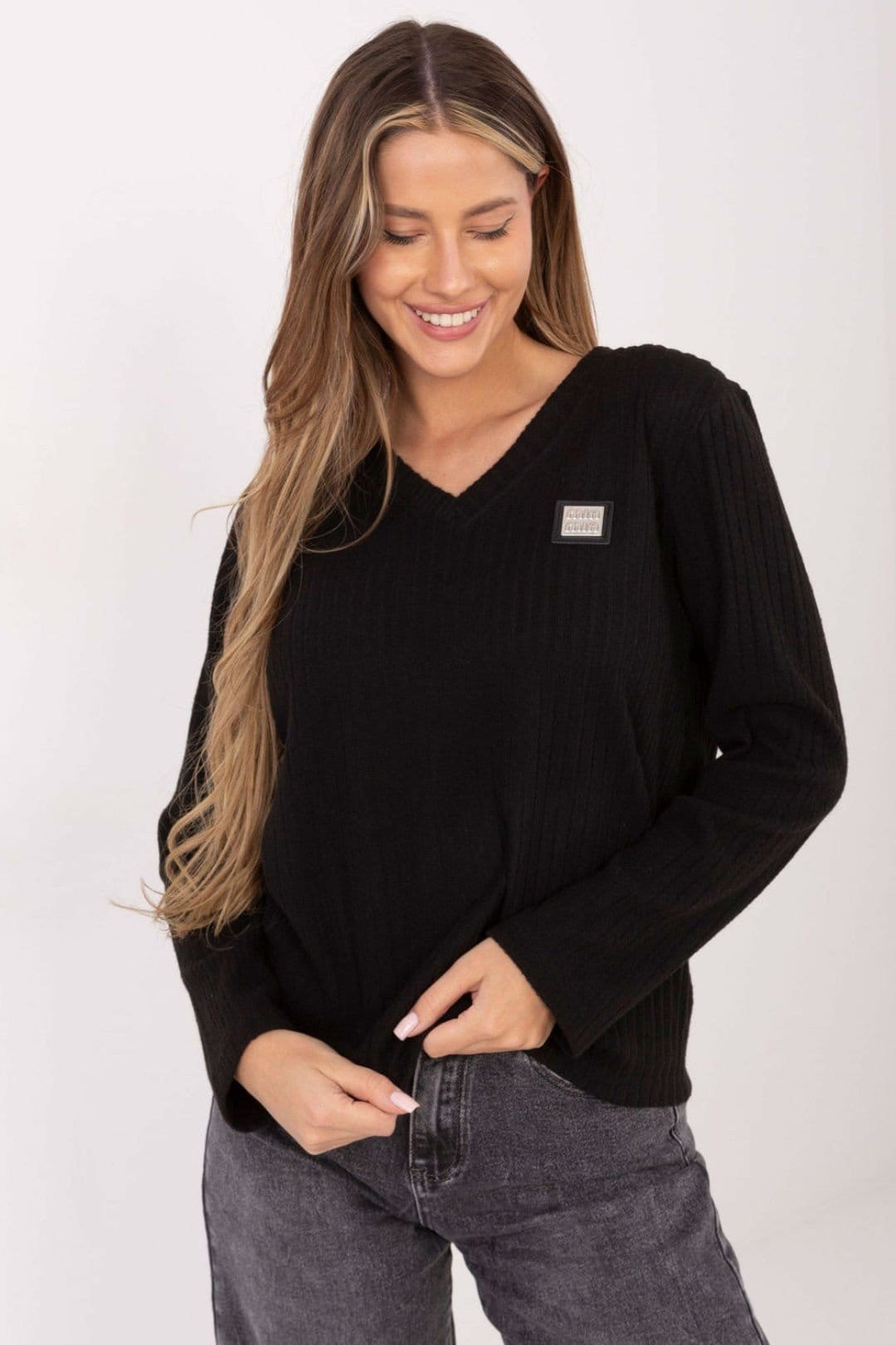 Love Lace Black Cotton V Neck Ribbed Sweater