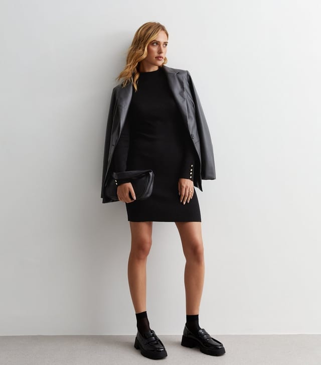 New Look Women's Black Ribbed Knit Button Cuff Bodycon Mini Dress New Look - 3