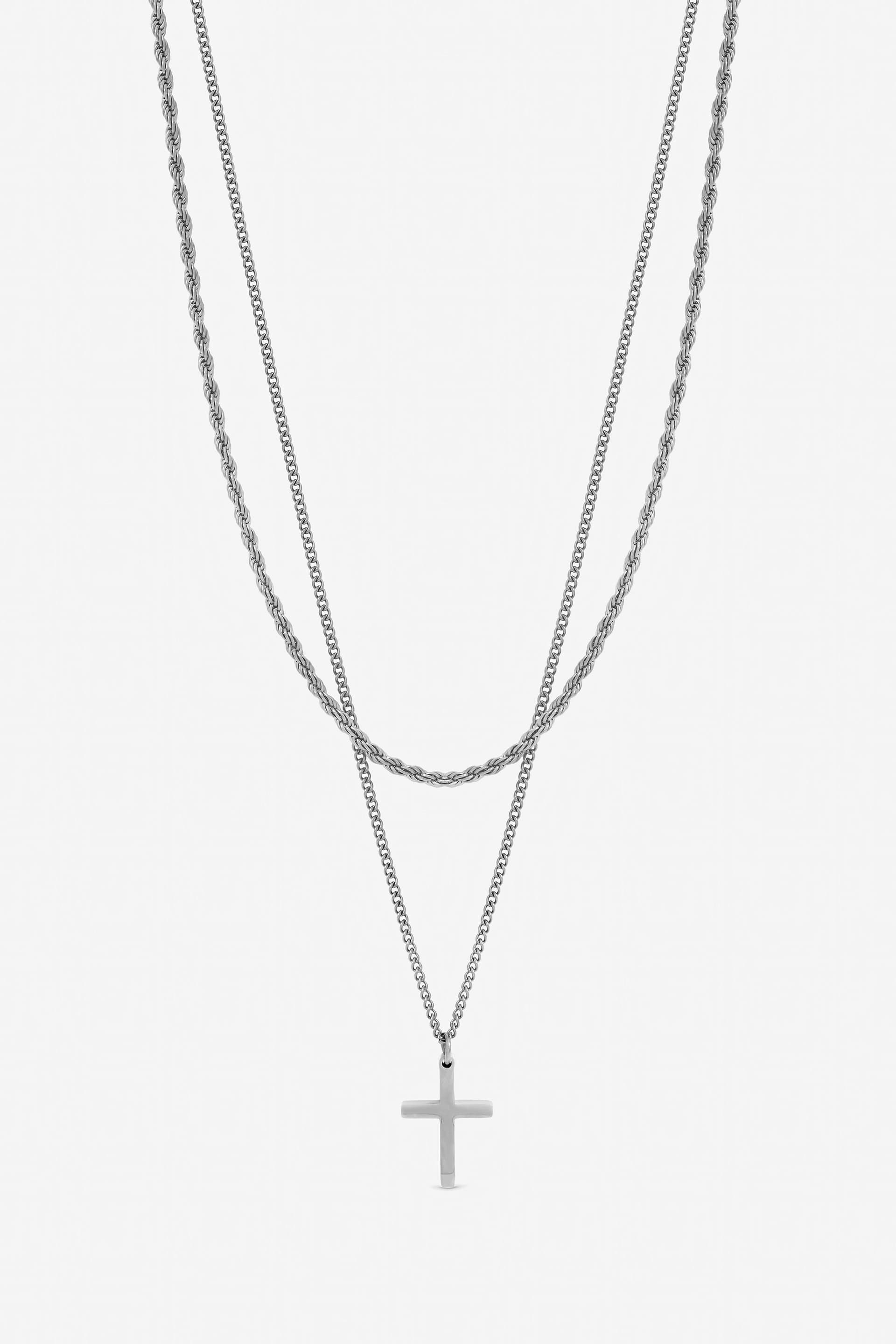 Inicio Inicio Men's Steel Waterproof Double row Cross Necklace - Gift Pouch in Silver