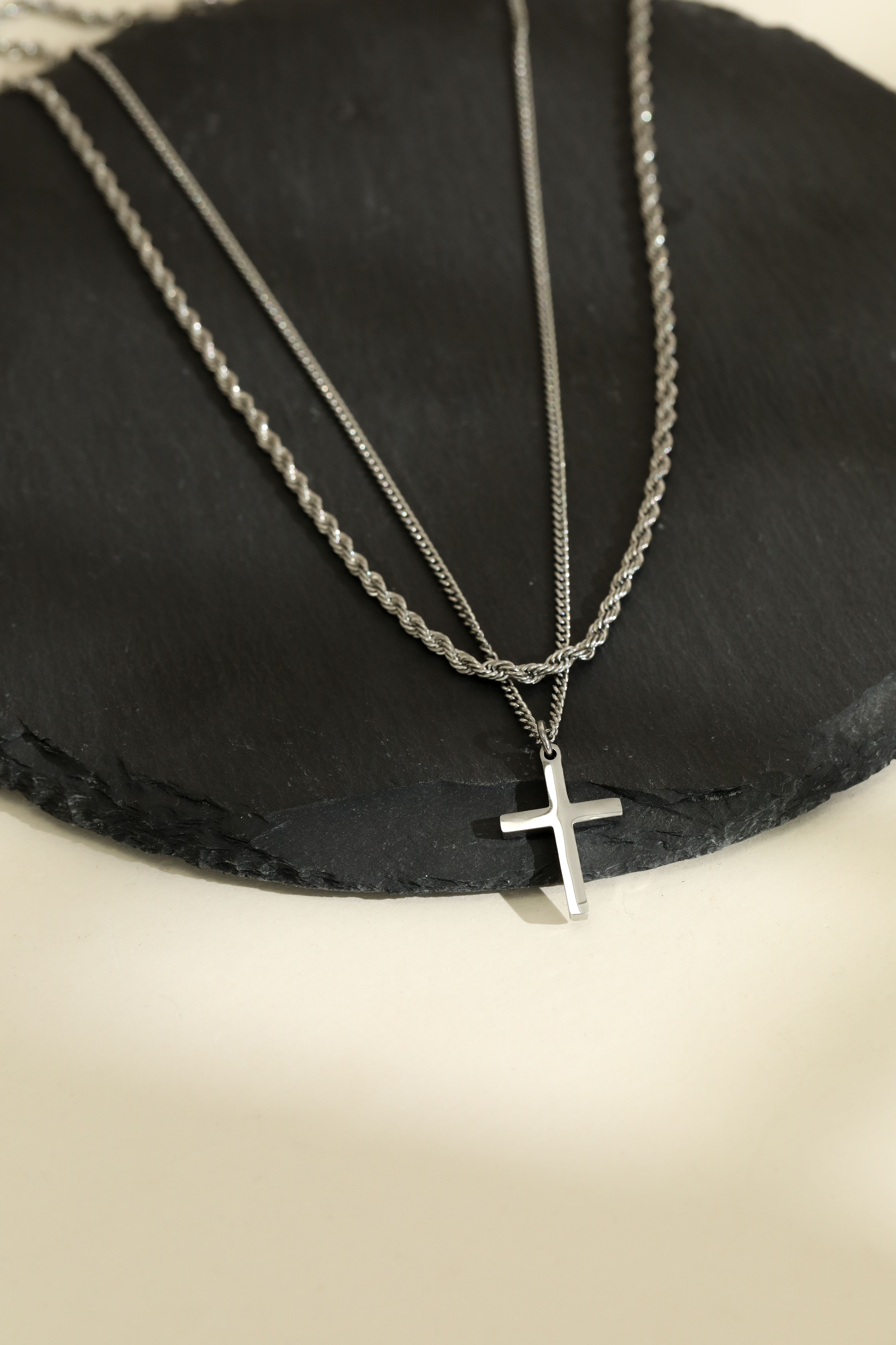 Inicio Inicio Men's Steel Waterproof Double row Cross Necklace - Gift Pouch in Silver - 2