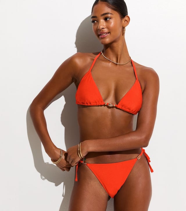 New Look Women's Bright Orange Shell Trim Triangle Bikini Top New Look - 2