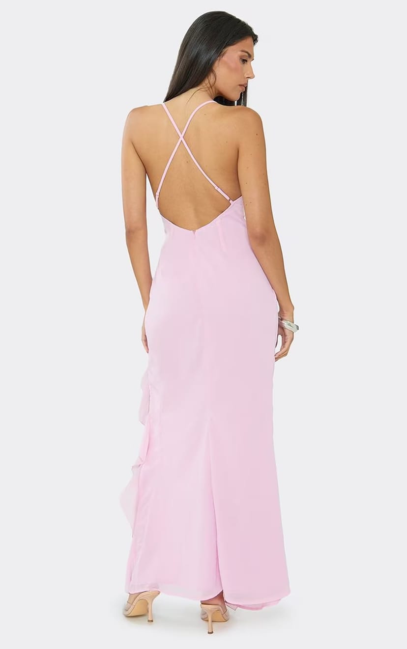 EGO Strappy Ruffle Split Leg Maxi Dress In Pink Chiffon, Women's Size UK 6 - 1