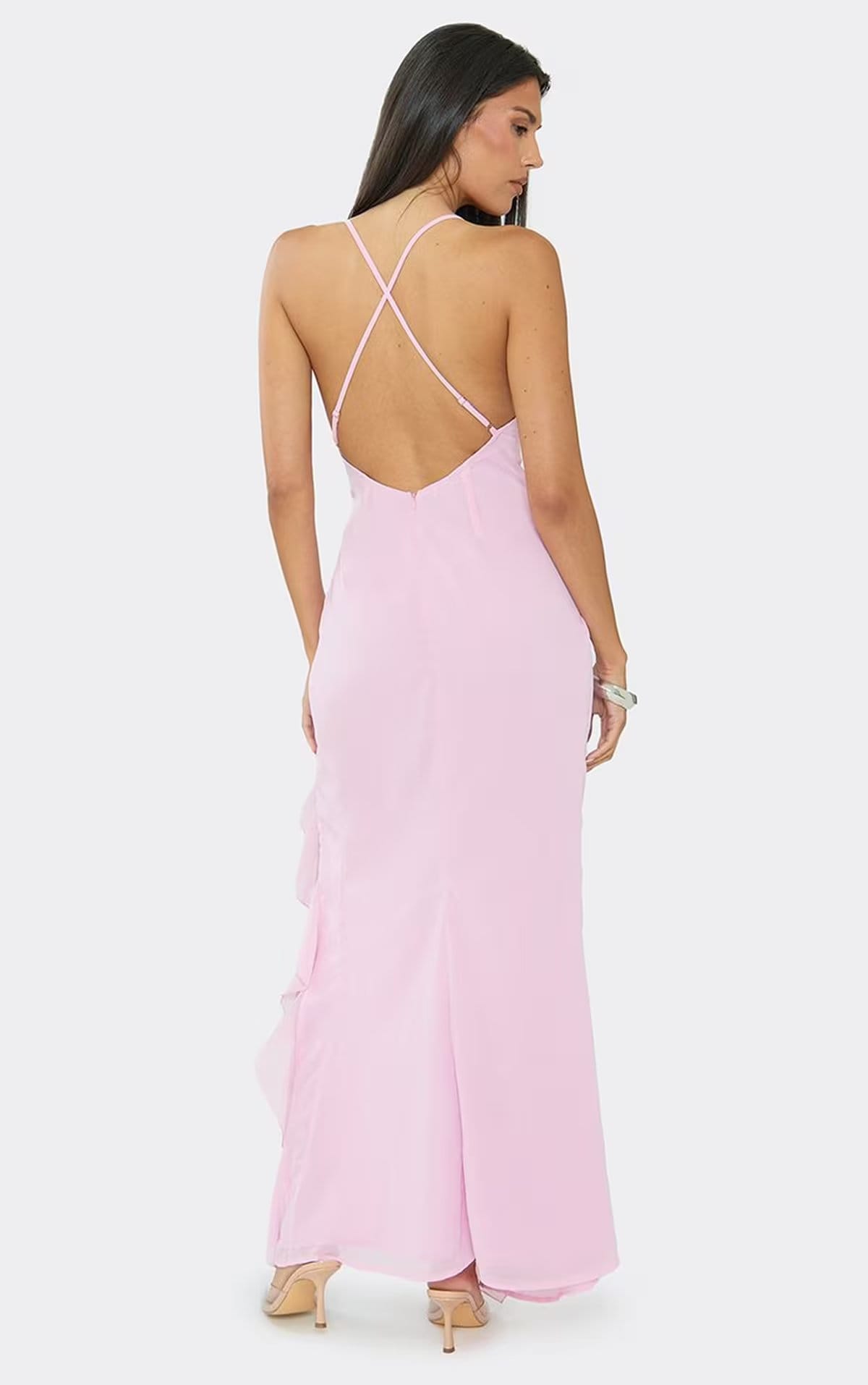 EGO Strappy Ruffle Split Leg Maxi Dress In Pink Chiffon, Women's Size UK 6 - 1