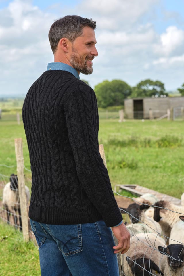 WoolOvers WoolOvers Men's Pure Wool Aran Sweater in Black - 3