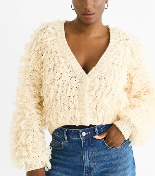 Gini London Women's Cream Textured Loop Knit Cropped Cardigan Gini London New Look - 2