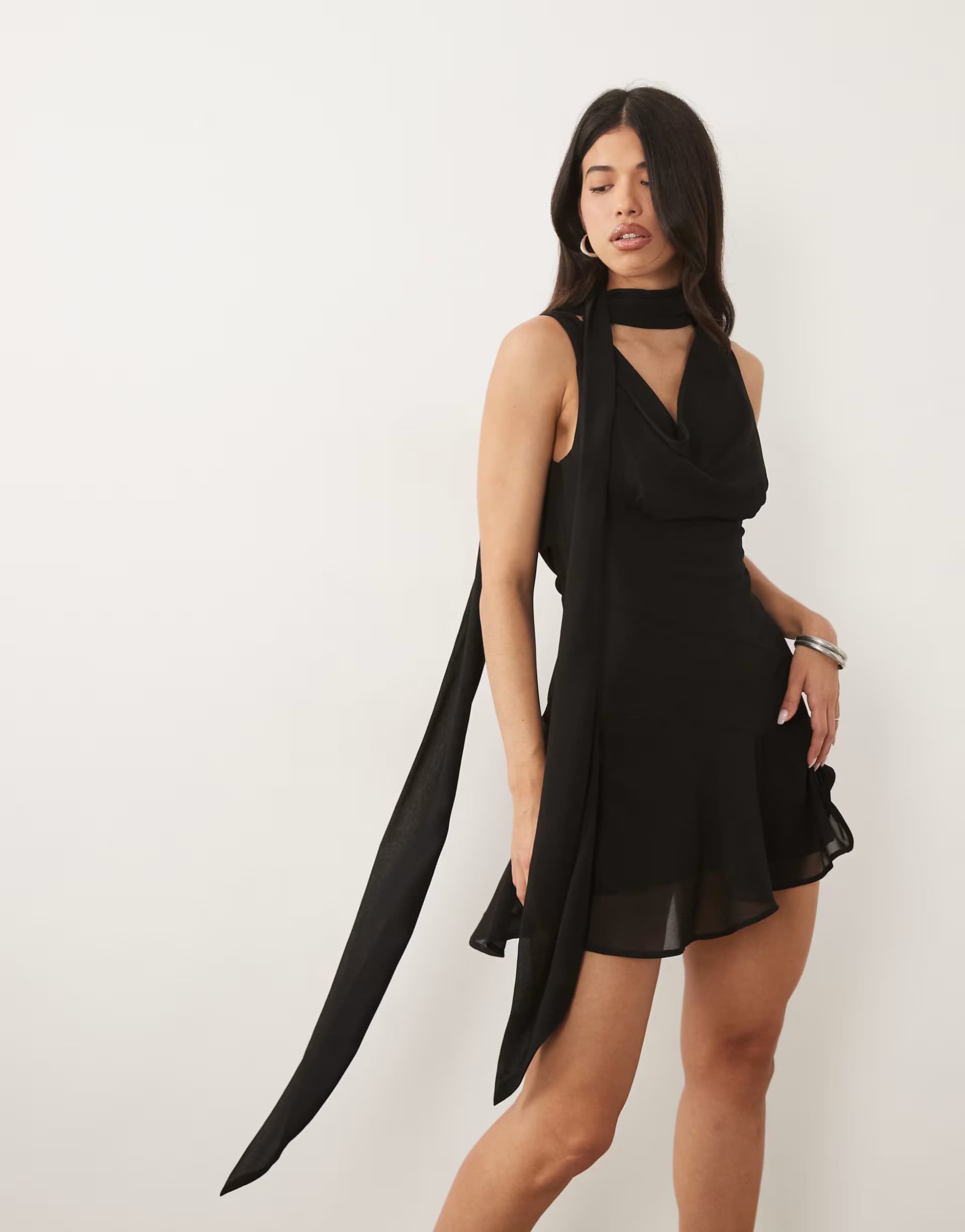 ASOS Never Fully Dressed Sophie chiffon cowl neck removable scarf detail mini dress in black
