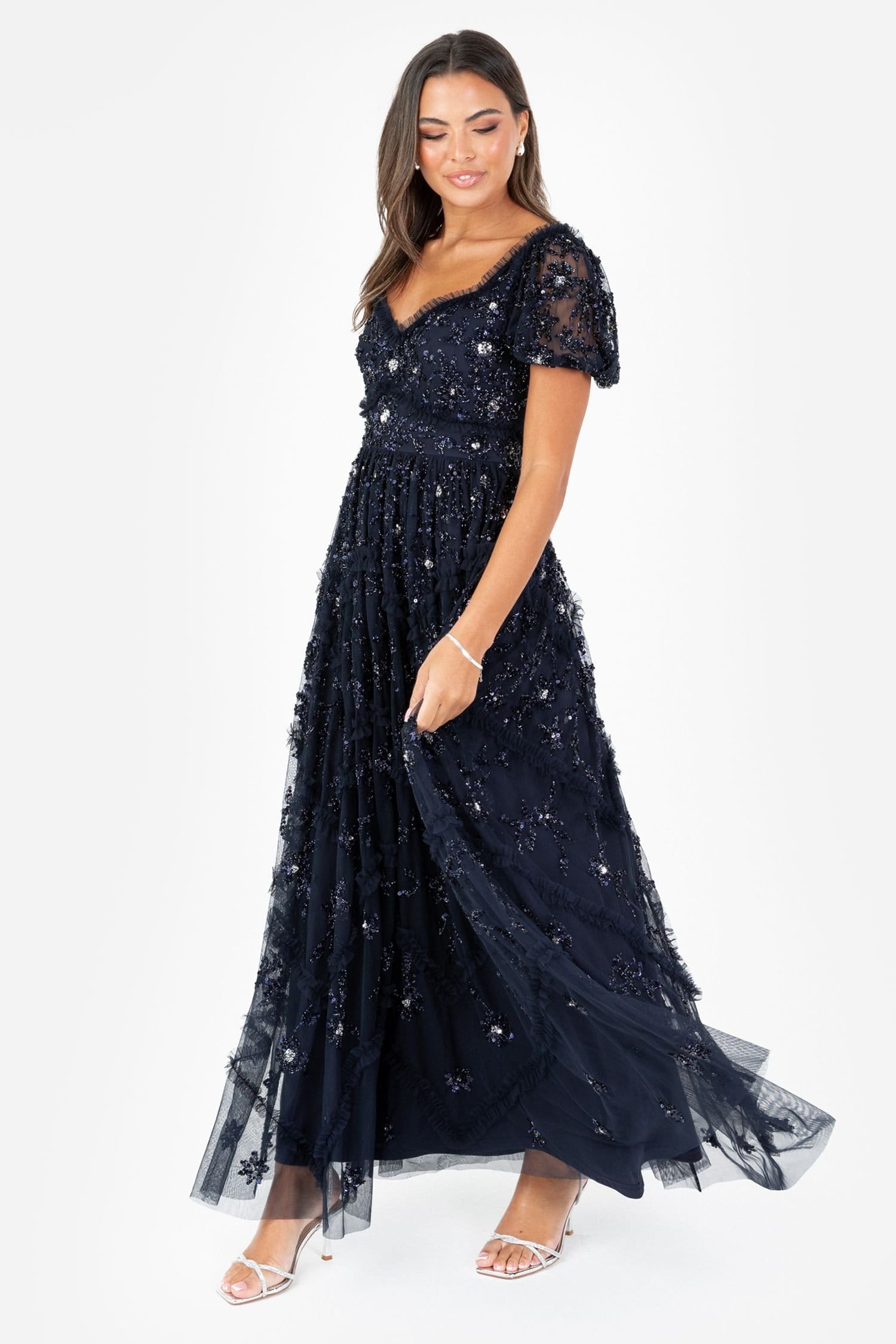 Maya Deluxe Dark Navy Floral Embellished Sweetheart Neck Maxi