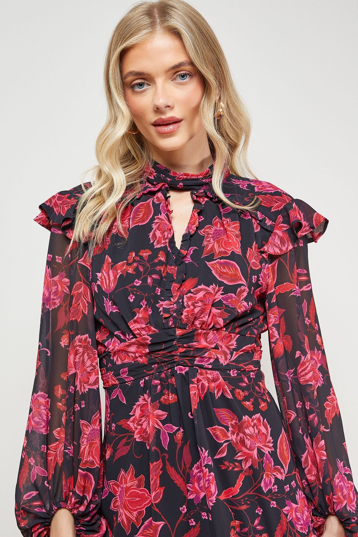 Oasis Oasis Women's Printed Ruched High Neck Mini Fit & Flare Dress in Floral - 3