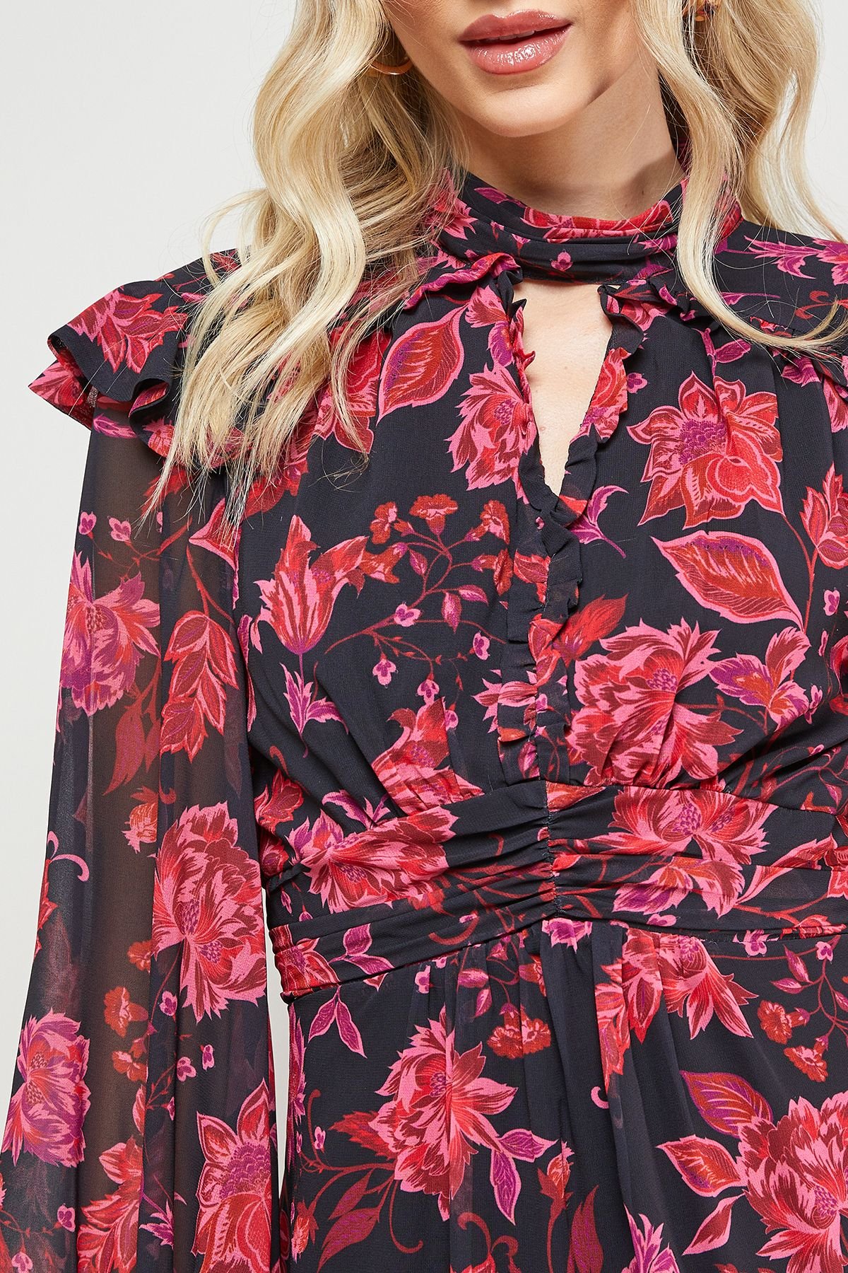 Oasis Oasis Women's Printed Ruched High Neck Mini Fit & Flare Dress in Floral - 4