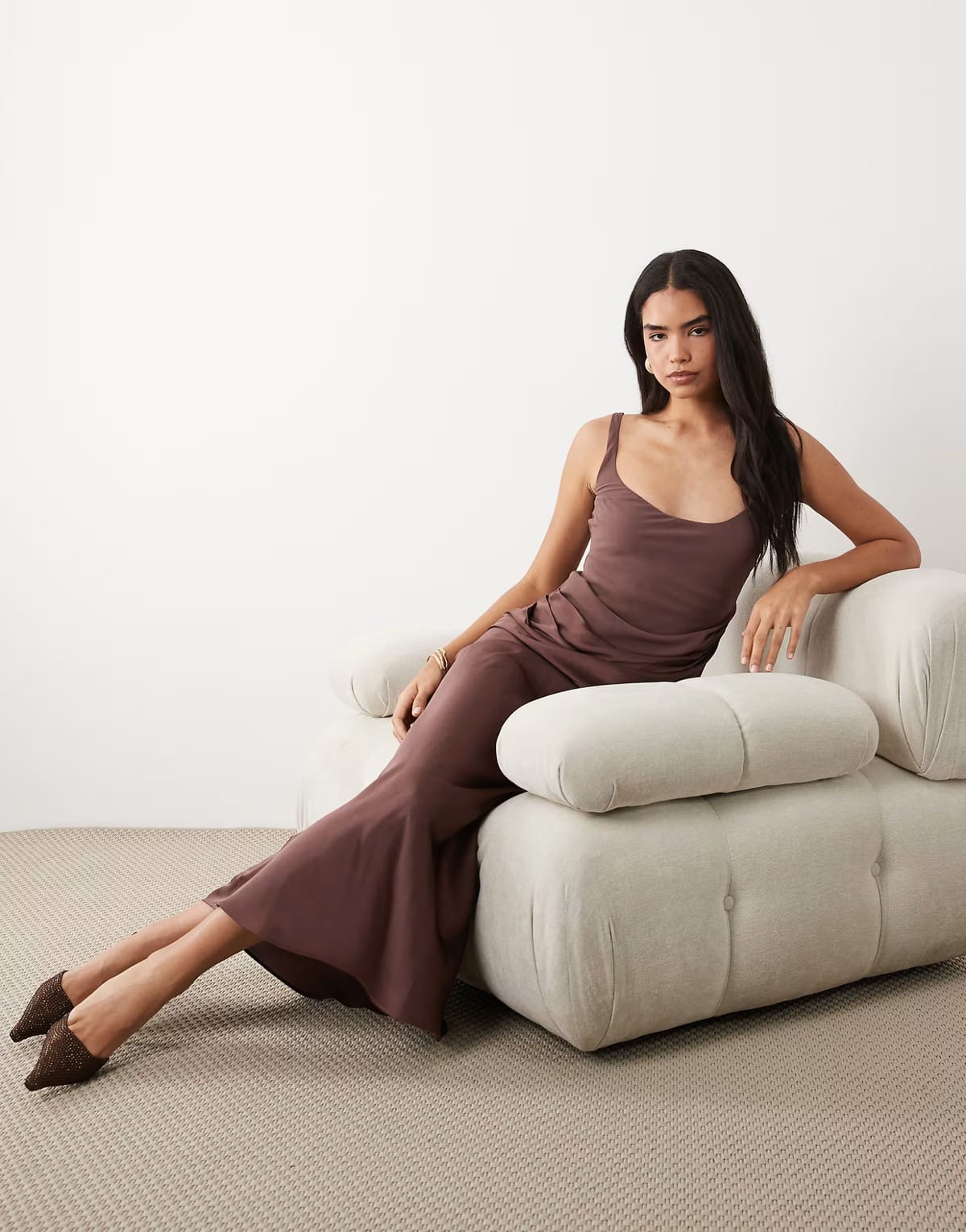 ASOS ASOS DESIGN deep scoop neck maxi dress with asymmetric draped skirt overlay in chocolate - 1