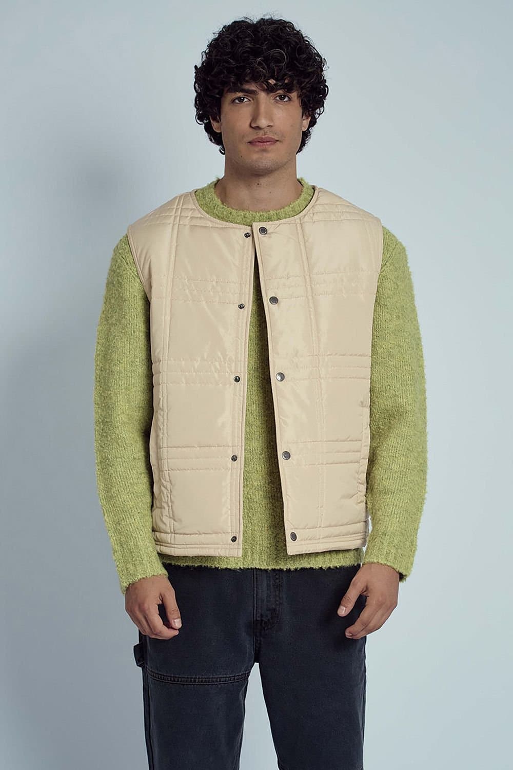 Native Youth Native Youth Men's Collarless Padded Check Quilt Gilet in Cream