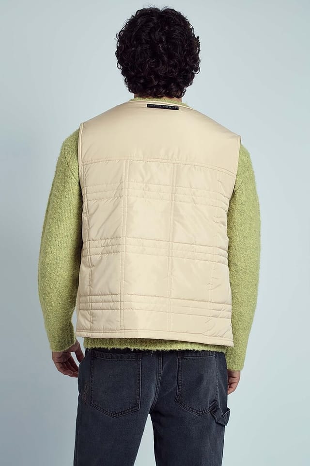 Native Youth Native Youth Men's Collarless Padded Check Quilt Gilet in Cream - 2
