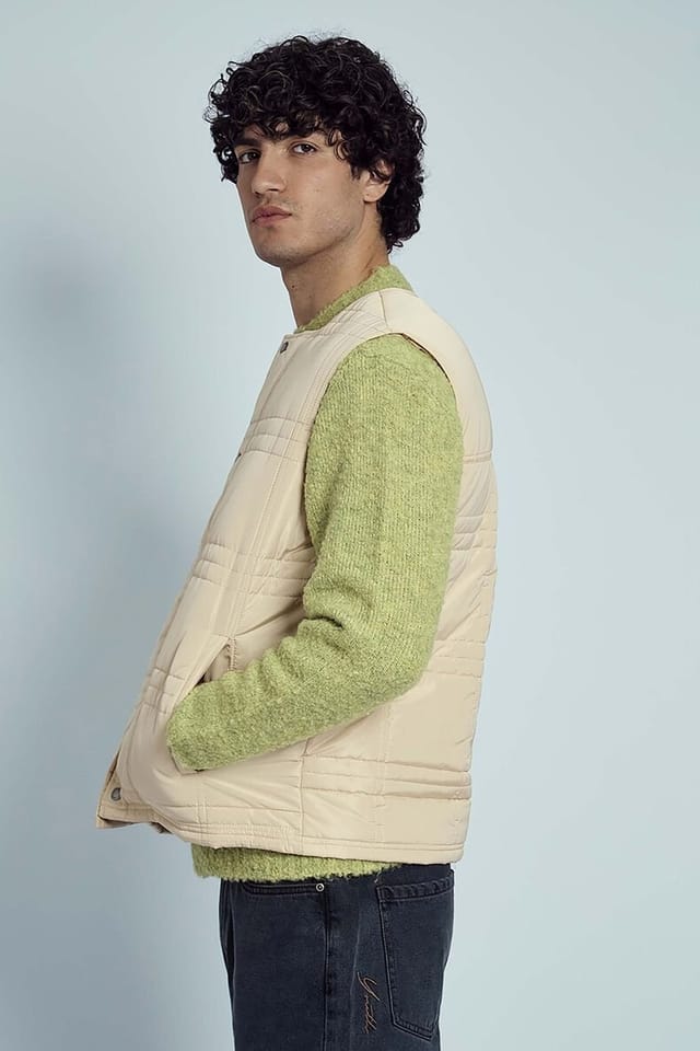 Native Youth Native Youth Men's Collarless Padded Check Quilt Gilet in Cream - 3
