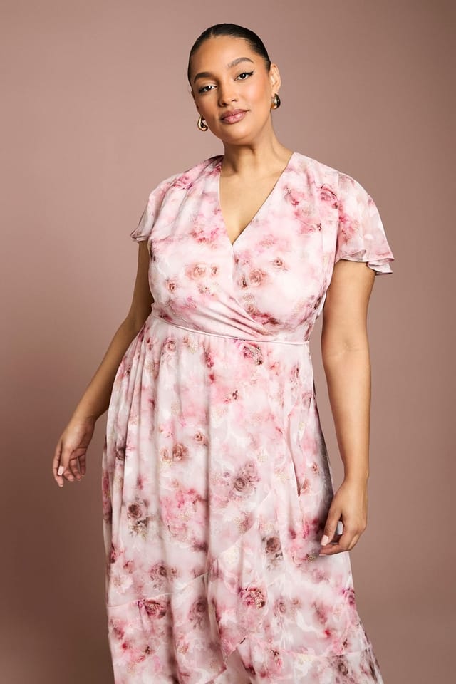 Coast Coast Women's Plus Printed Satin Jacquard Twist Front Midi Dress in Pink - 2