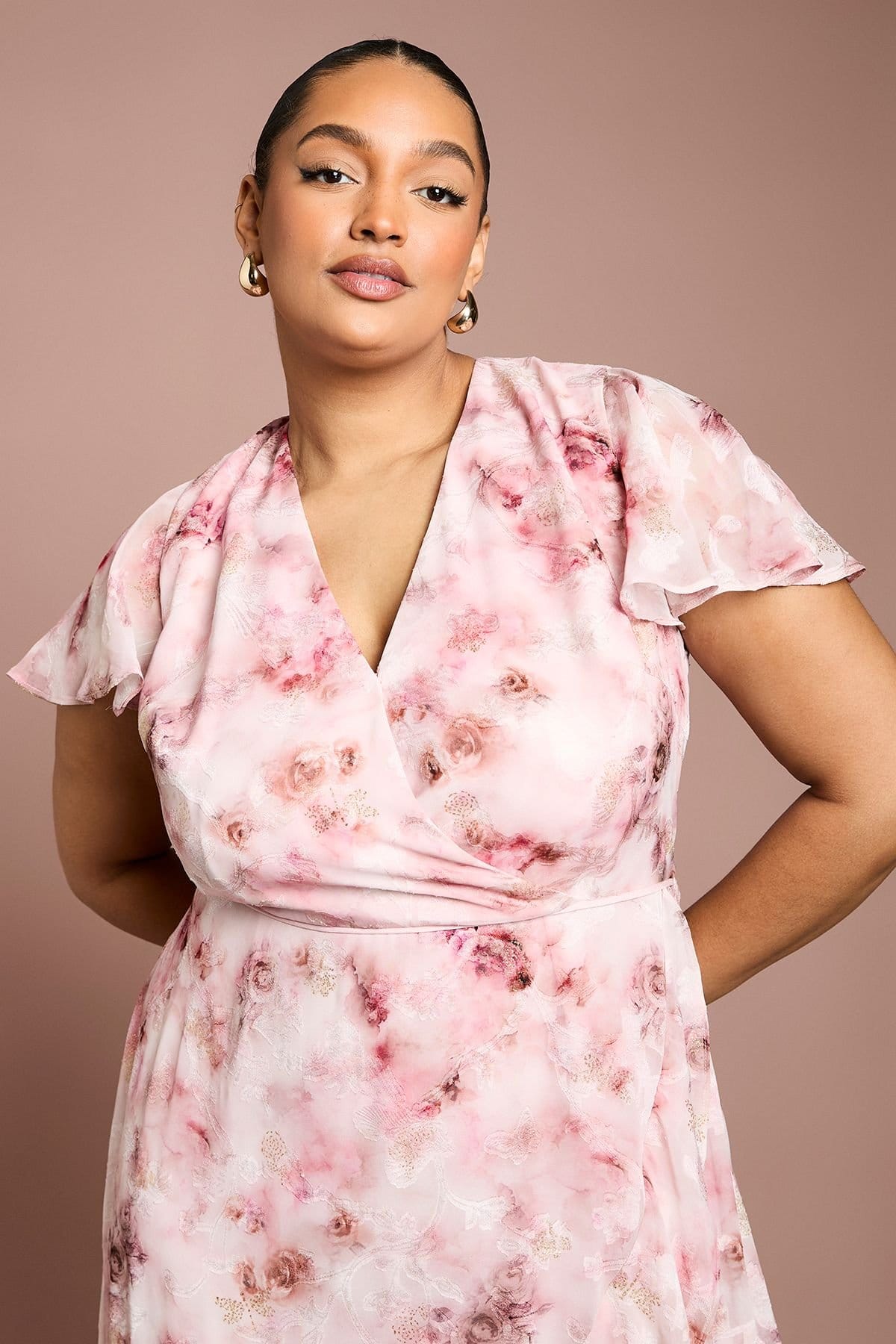 Coast Coast Women's Plus Printed Satin Jacquard Twist Front Midi Dress in Pink - 4