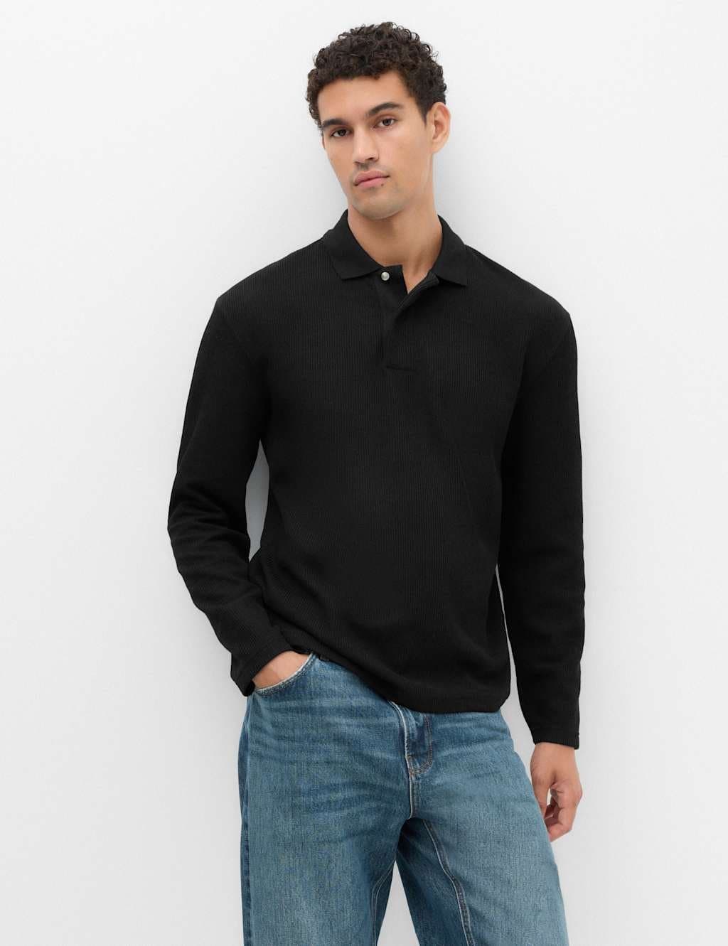 Marks & Spencer M&S Cotton Blend Ribbed Long Sleeve Polo Shirt Black
