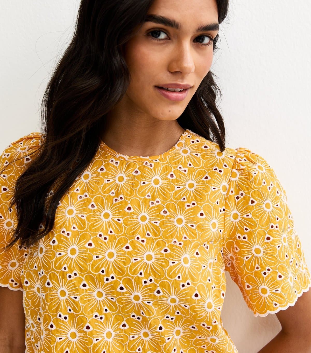 New Look Women's Yellow Cutwork Floral Crew Neck Top New Look