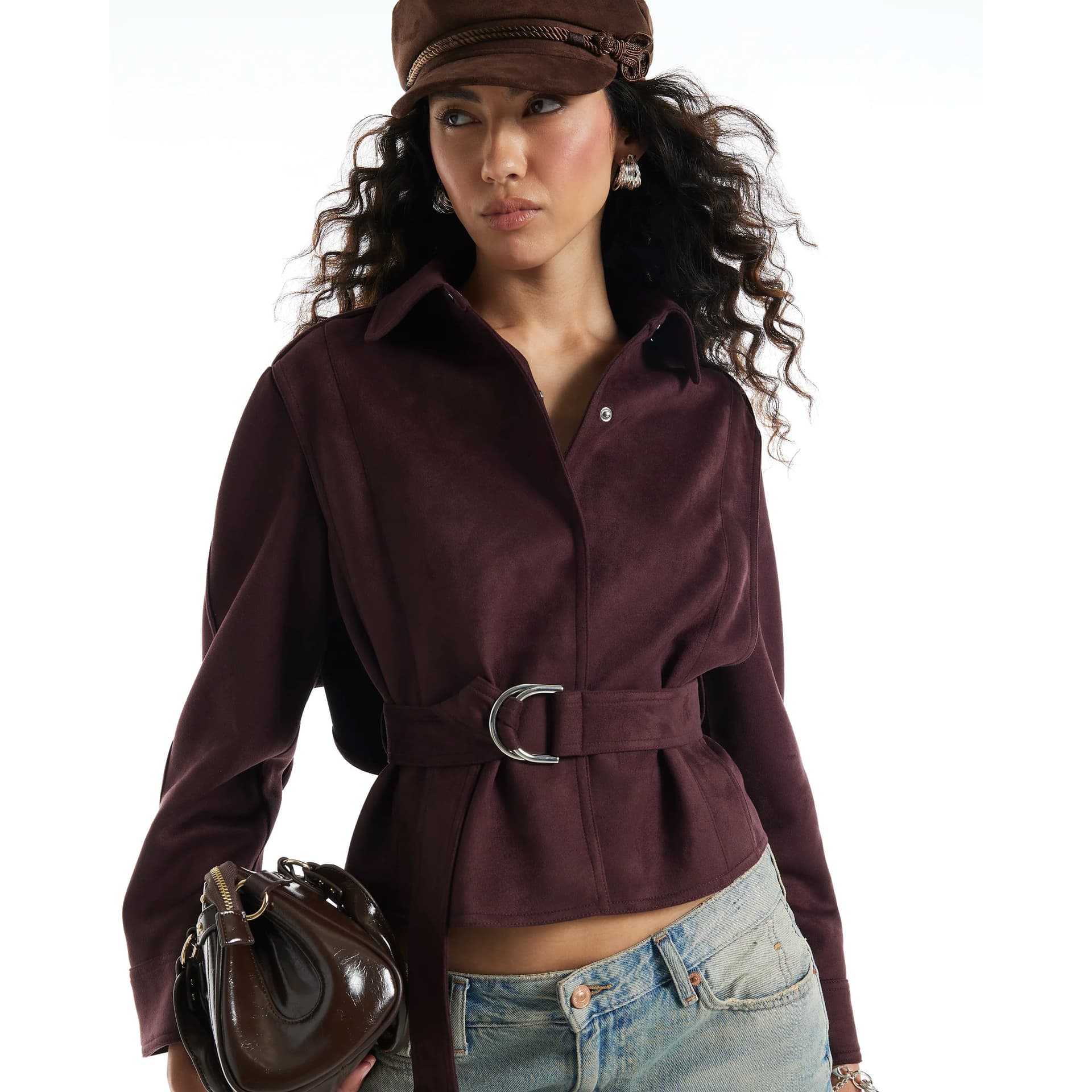 River Island River Island Womens Burgundy Faux Suede Belted Cape Jacket