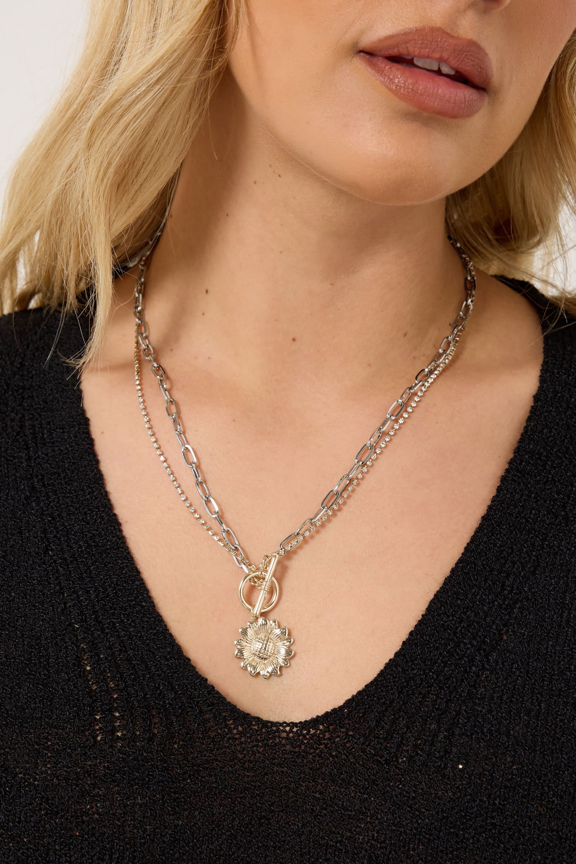 Yours Gold & Silver Tone Pendant Flower Layered Chain Necklace