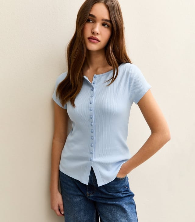 New Look Women's Light Blue Button Through Baby Tee New Look - 2