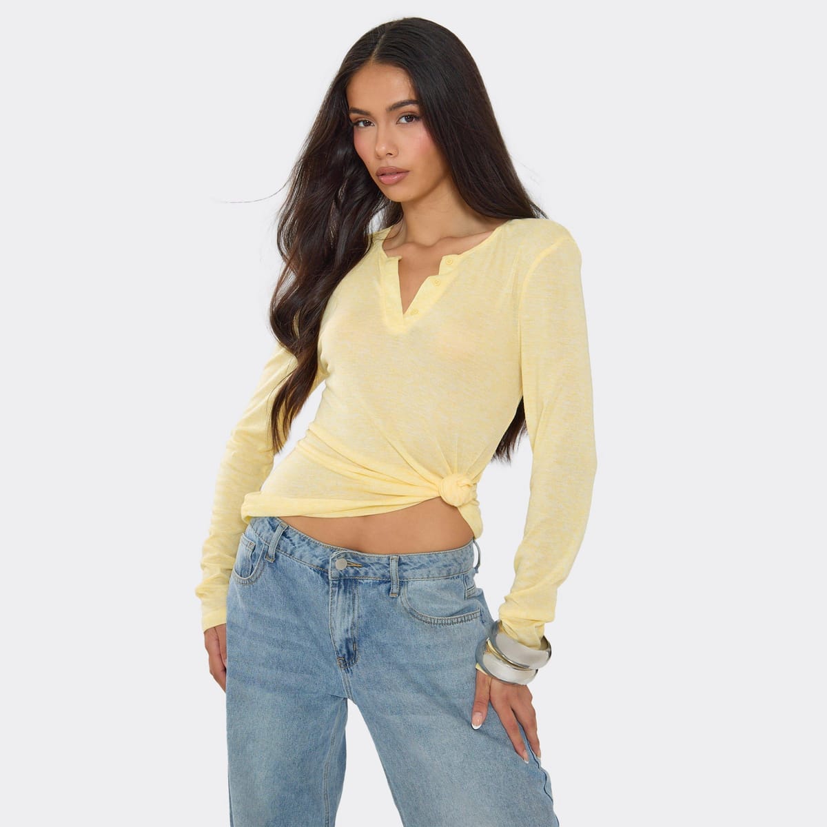 EGO Long Sleeve Button Up Knot Tie Detail Top In Lemon Sheer, Women's Size UK 6 - 1
